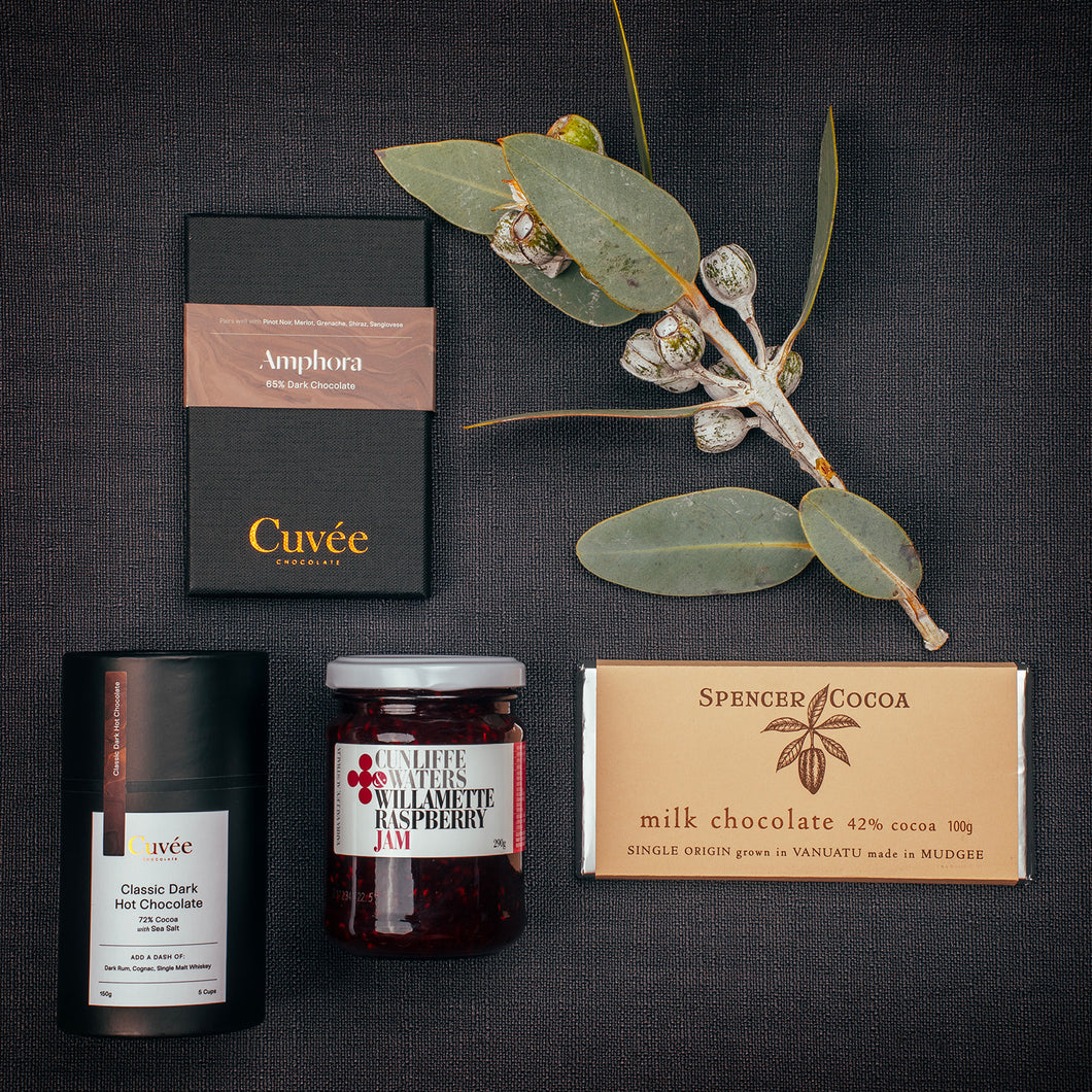 CHOCOLATE & RASPBERRY DELIGHT HAMPER - Artisan Chocolates, Hot Chocolate and Tangy Willamette Raspberry Jam from Gathered Goods Australia - Free Shipping !
