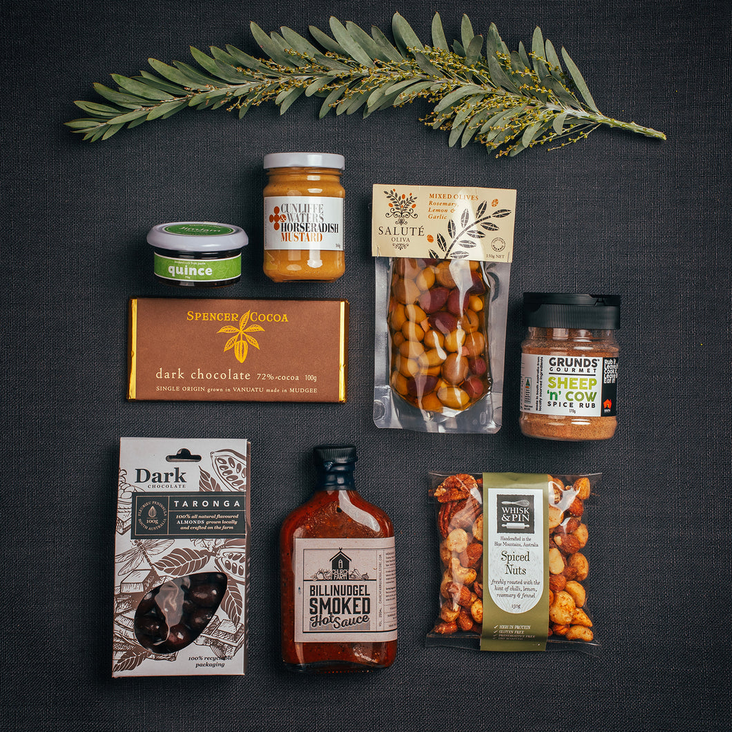 BBQ FIRE PIT HAMPER, with Smoked BBQ Sauce, Horseradish Mustard, Olives & Nuts, Dark Chocolate from Gathered Goods Australia - Free Shipping  !