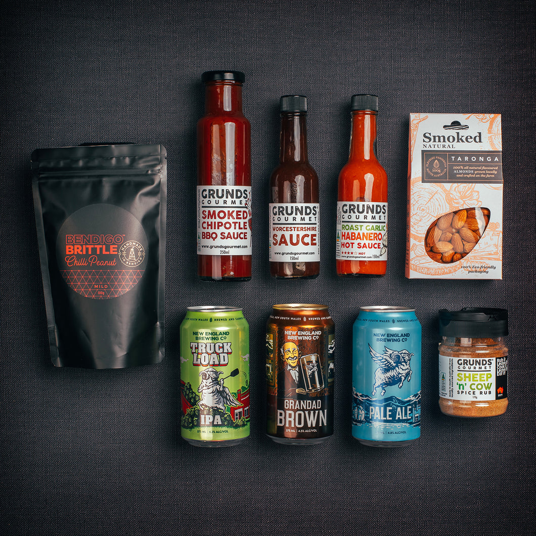 BEER, NUTS & BBQ HAMPER, Smokin' BBQ Chilli sauces, Marinade and Salt Rub, Locally Brewed Beer, Chilli Peanut Brittle from Gathered Goods Australia. Free Shipping !