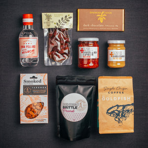 FELICE BOUNTY HAMPER - Best seller year in, year out! Spiced Negroni Gin, Chocolate, Peanut Brittle, Tomato Relish and Mustard, Olives, Nuts & Coffee
