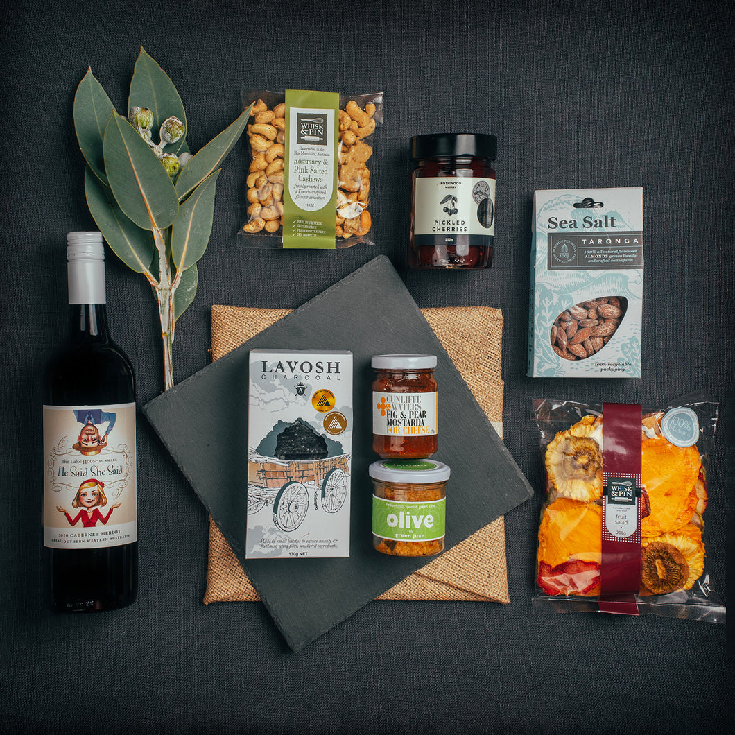 JUST ADD CHEESE HAMPER, Cabernet Merlot, Dried Fruit Salad, Salted Almonds, Charcoal Lavosh, Mostarda, Pickled Cherries, Nuts & Tapanade Slate Platter from Gathered Goods Australia - Free Shipping!