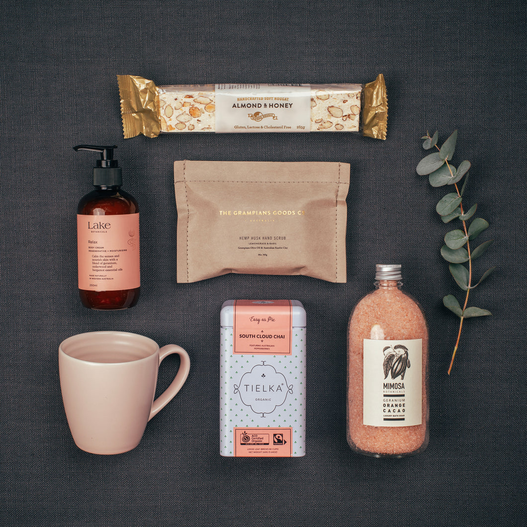 LUXURY PAMPER HAMPER WITH CHOCOLATE, Tea, Mug, Nougat, Soap, Bath Salts, and Lotion from Gathered Goods Australia - Free Shipping !